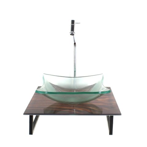 Gabinete de Vidro com Cuba Quadrada Incolor com Tampo de Vidro 40cm X 40cm Madeira Nogueira Mais Tor