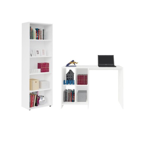 Conjunto para Escritório com Mesa 4 Nichos e Estante Branco Artely