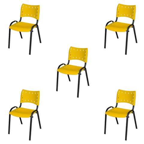 Kit 5 Cadeira Iso Tubo Oblongo Aço Industrial Empilhavel - Amarelo
