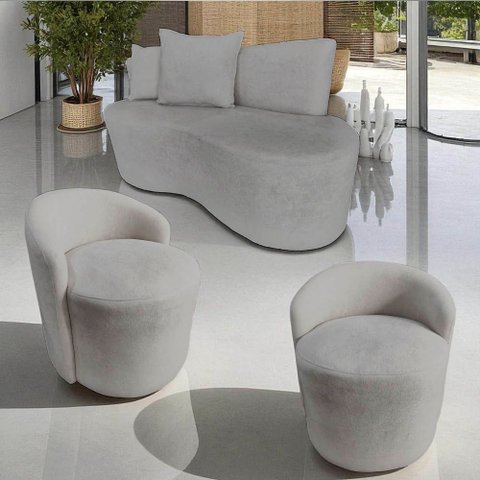 Kit Namoradeira + 2 Poltronas Yara Orgânica Bouclé Cinza Claro