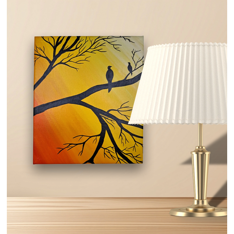 Mini Quadro de Pássaros em Galhos Pintado a Mão 30x25cm