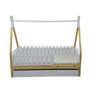 Bicama Solteiro Cabana Montessoriana Madeira Maciça Pinus - Verniz Incolor + Branco - Grade Cercadin