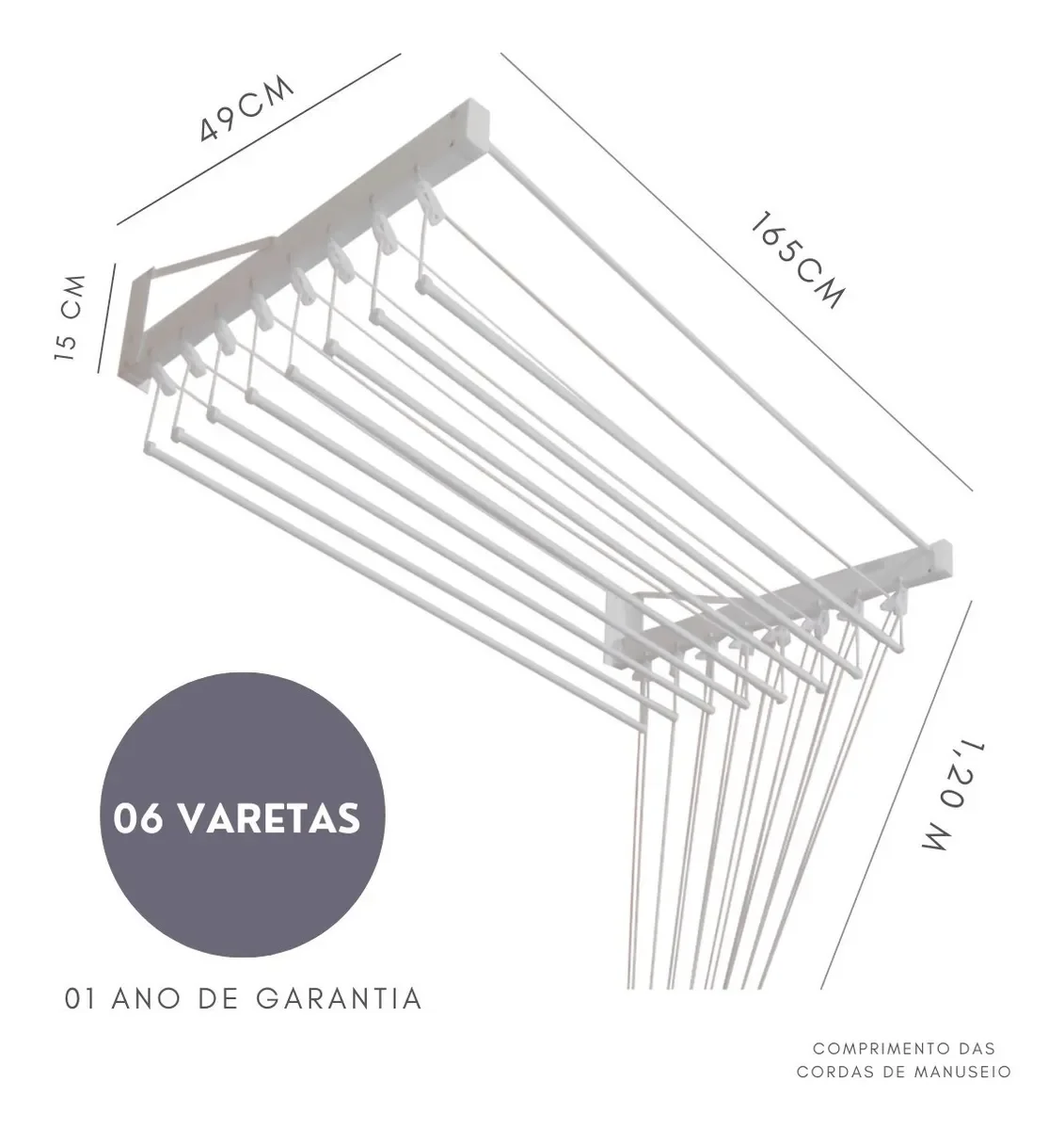 Varal De Parede Individual 165cm x 06 Varetas - Em Alumínio Branco - 2