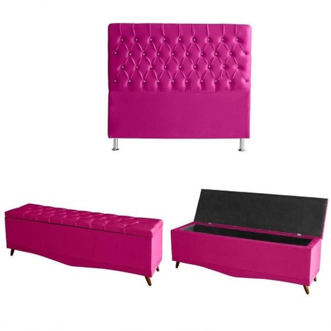 Kit Estrela Cabeceira de Cama Box e Calçadeira Baú Pés Palito Botão Cristal King 195 Cm Suede