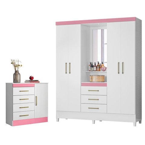 Conjunto Quarto Guarda Roupa e Comoda Arezzo Branco Rosa