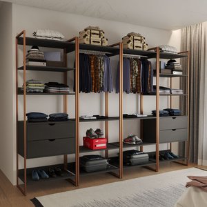 Closet Industrial Casal Completo Loft Preto 4 Módulos Cabideiro com Gavetas Base Cobre