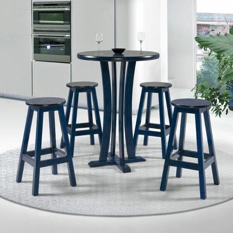 Bistrô Redondo com 4 Banquetas Madeira Maciça Azul