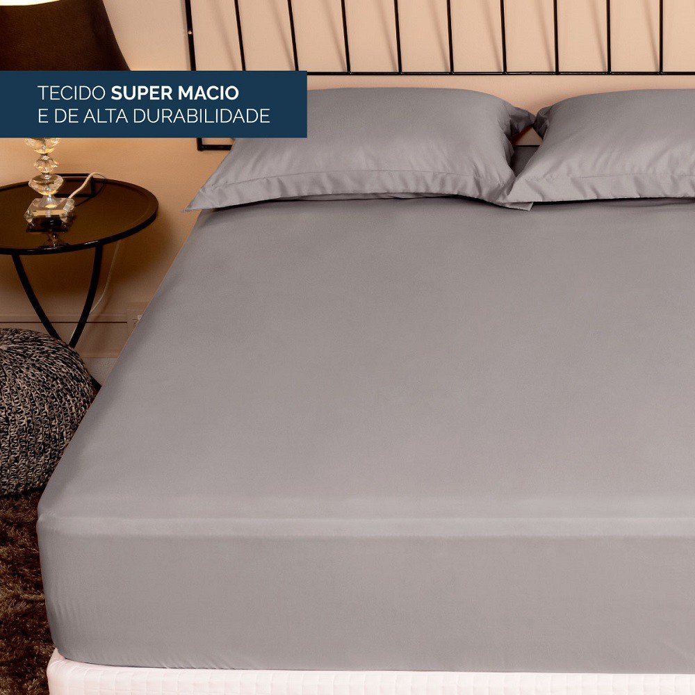 Jogo de Cama Lencol Slim Casal com Elástico 200 Fios Cinza - 3