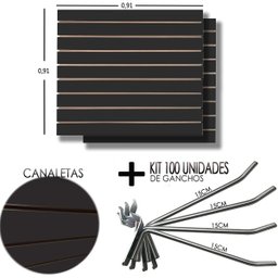 2 Paineis Canaletado Preto - 0,91 x 0,91 + 100 Gancho 15cm + Canaletas PRETAS - 2