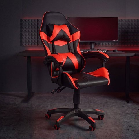 Cadeira Gamer Escritório Reclinável Giratória Assento Couro Preto/Vermelho
