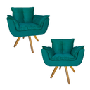Ver imagem 1 de Kit 2 Poltrona Decorativa Base Giratória De Madeira Quarto Opala Suede Azul Turquesa - LM DECOR