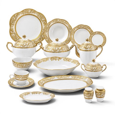 Jogo de Aparelho de Jantar em Porcelana Branca e Arabescos Filetados À Ouro 62 Peças 45X63X57cm