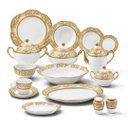 Ver imagem 1 de Jogo de Aparelho de Jantar em Porcelana Branca e Arabescos Filetados À Ouro 62 Peças 45X63X57cm