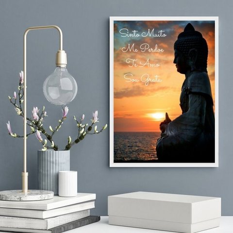 Quadro Decorativo Ho' Oponopono Mágico- Buda 45x34cm - com Vidro:madeira Branca