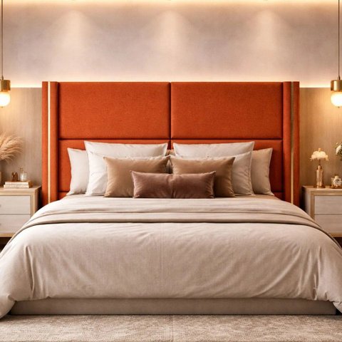 Cabeceira Grecia Estofada Luxo Casal com Detalhes Dourado Bz Terracota