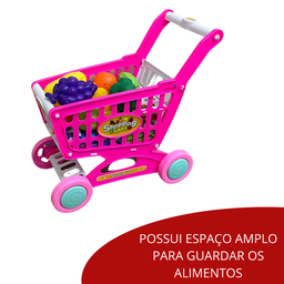 Carrinho de Compras Infantil Com Acessórios Brinquedo Supermercado Rosa - 3