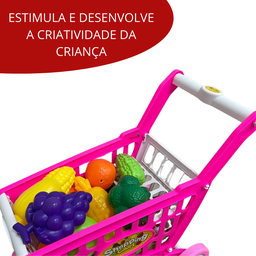 Carrinho de Compras Infantil Com Acessórios Brinquedo Supermercado Rosa - 5