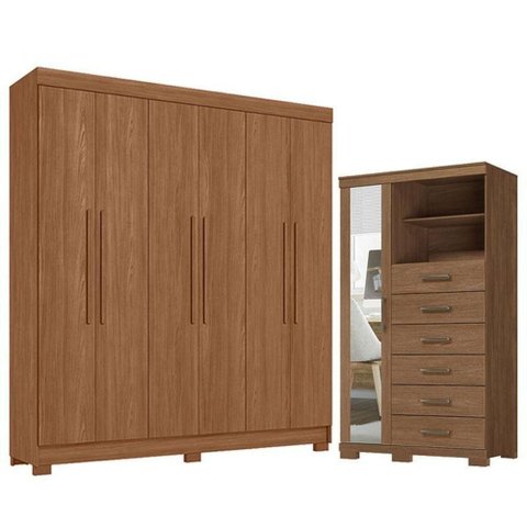 Guarda Roupa Casal Toledo 6 Portas de Bater 6 Gavetas MDP Cômoda 1 Porta com Espelho Jatobá