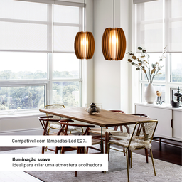 Luminária Lustre Pendente Vazado Aletado Mdf Madeira Rustico Cor:café - 4