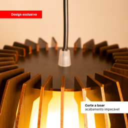 Luminária Lustre Pendente Vazado Aletado Mdf Madeira Rustico Cor:café - 2