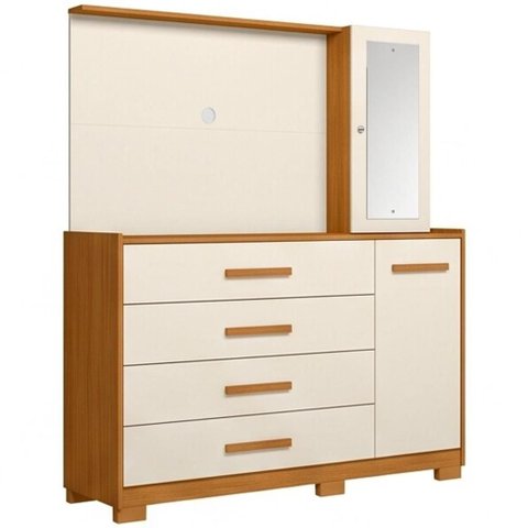 Cômoda Sapateira com Espelho e Painel para Tv 2 Portas 4 Gavetas Lecco A04 Cinamomo Off White -