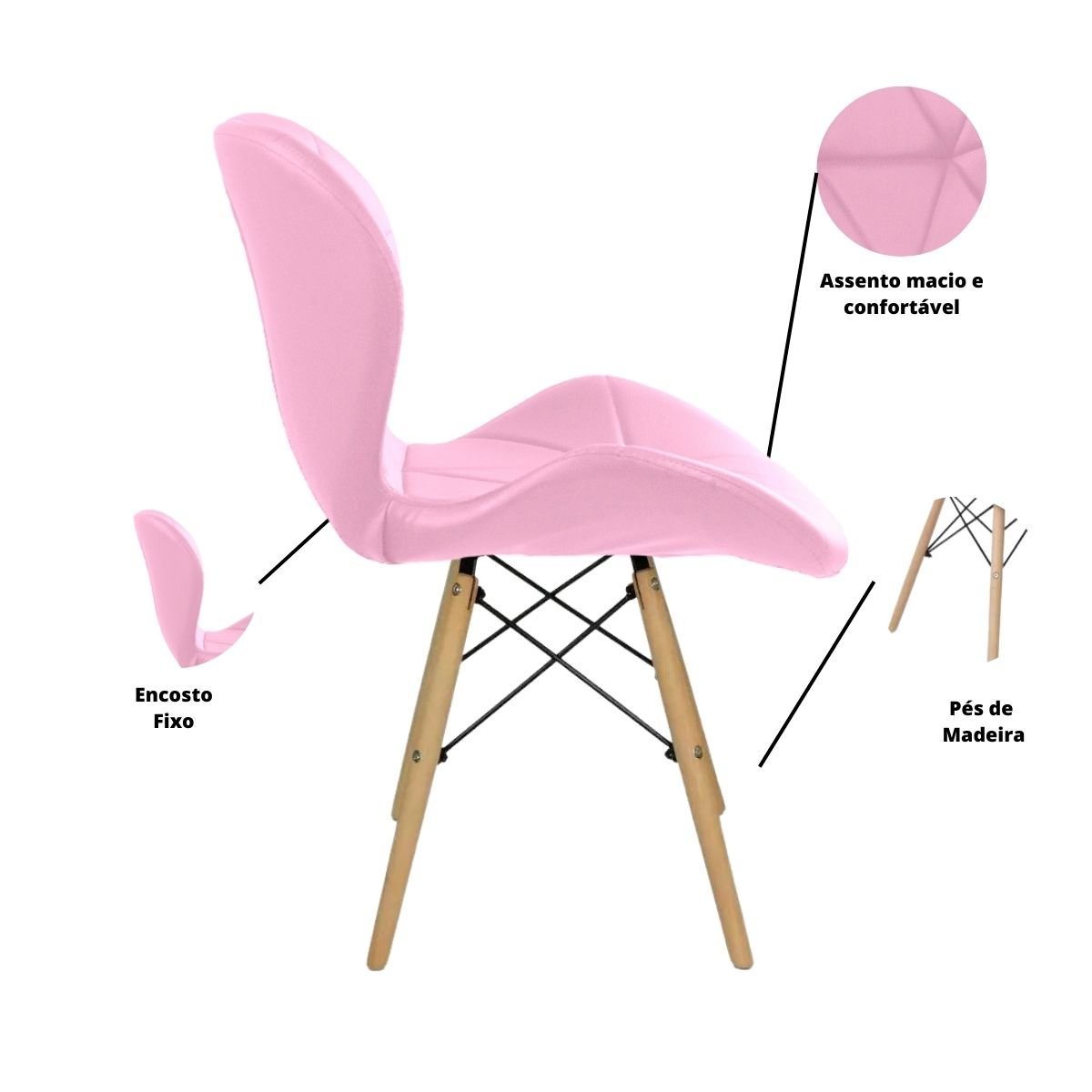 Cadeira Estofada Eiffel Slim Wood Pés de Madeira - Rosa - 3