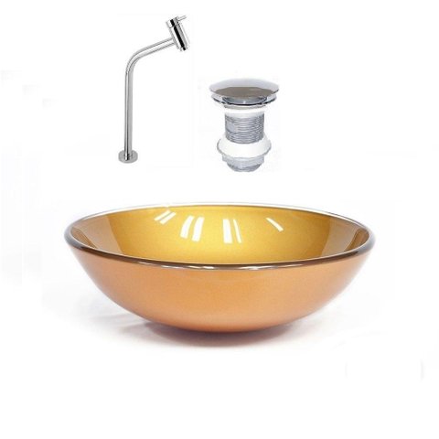 Cuba de Vidro 42cm Dourado Real + Valvula + Torneira Cromada