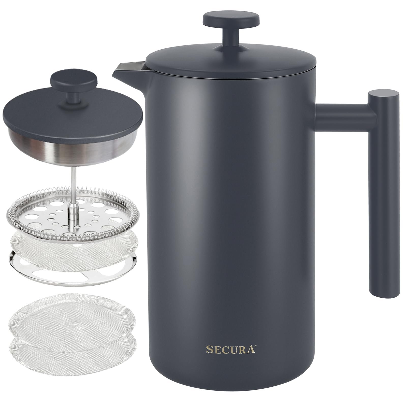 Secura Cafeteira Francesa de Aço Inox 304 com 2 Filtros Extras 1l (cinza)