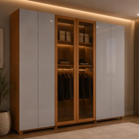 Guarda-Roupa Casal 100% MDF c/Vidro 6 Portas 6 Gavetas Pés 273cm Multimóveis CR35546 Madeirado/Off