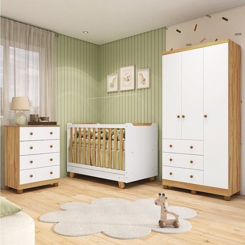 Quarto de Bebê Guarda-Roupa 3 Portas Cômoda e Berço 4 em 1 Minicama 100% MDF Mike Espresso Móveis Branco/Brilho/Amêndoa