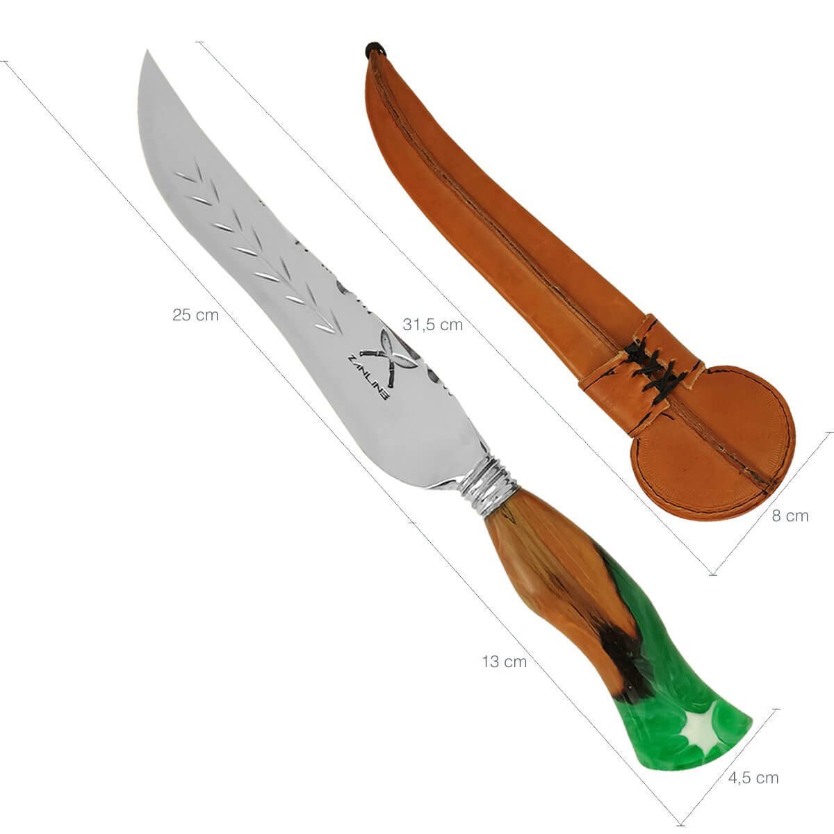 Faca Artesanal Forjada Integral Churrasco Pena Folha Inox 420c Cabo Híbrido Madeira e Resina Verde - 5