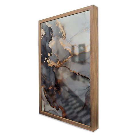 Quadro Decorativo Caixa Alta com Vidro Abstrato Mármore Black Gray TaColado Moldura Madeira 90 x 60c