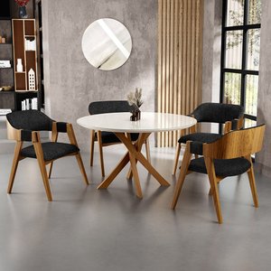 Mesa de Jantar Redonda Cora 120cm Off White M04 com 04 Cadeiras Living Suran Linho Chumbo - Lyam Lya