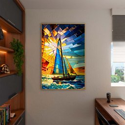 Quadro Decorativo Paisagem Barco a Vela Vitral com Moldura Dourada - 150x100 Cm - 3 Quadro Decorativo Paisagem Barco a Vela Vitral com Moldura Dourada - 150x100 Cm - 3