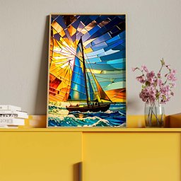 Quadro Decorativo Paisagem Barco a Vela Vitral com Moldura Dourada - 150x100 Cm - 4 Quadro Decorativo Paisagem Barco a Vela Vitral com Moldura Dourada - 150x100 Cm - 4