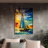 Quadro Decorativo Paisagem Barco a Vela Vitral com Moldura Dourada - 150x100 Cm - 1