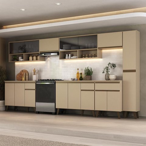 Armário de Cozinha Completa Atlanta Wave com Vidro Carraro Amêndoa