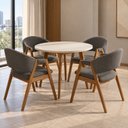 Ver imagem 1 de Conjunto Mesa Branca 90cm & 4 Cadeiras Lithi Design Sofisticado em Linho Cinz-Escuro