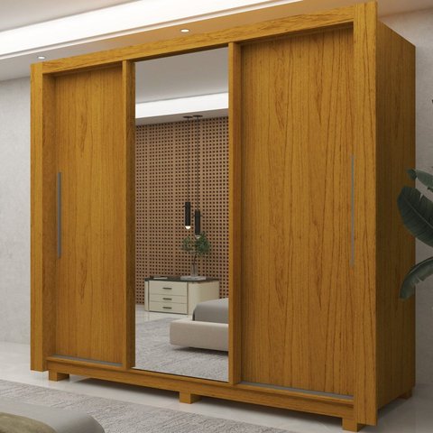 Guarda-Roupa Casal 3 Portas com 2 Gavetas com 1 Porta Espelho com Pés 100% MDF Roma