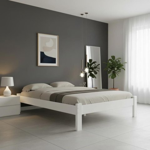 Cama Turca Queen com Colchão em Madeira Maciça Cor Branco Repleta