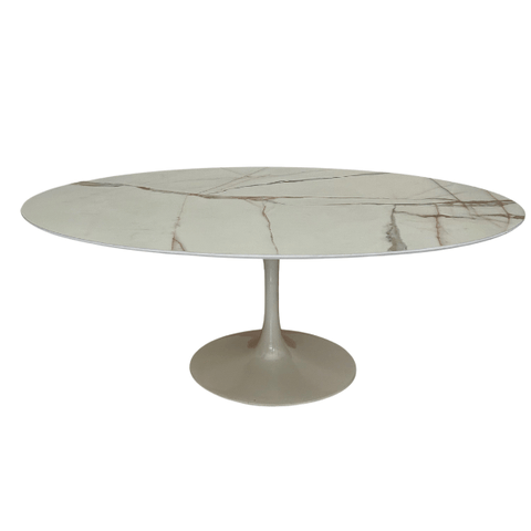 Mesa de Jantar Saarinen Oval 198x122 Cm Tampo Mdf Marmorizado Calacata Base Off White Tampo Mdf Marm