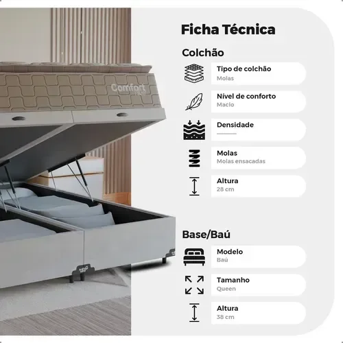 Ver imagem 3 de Cama Box Baú Queen + Colchão Comfort Class Pillow Top Bege/suede Branco