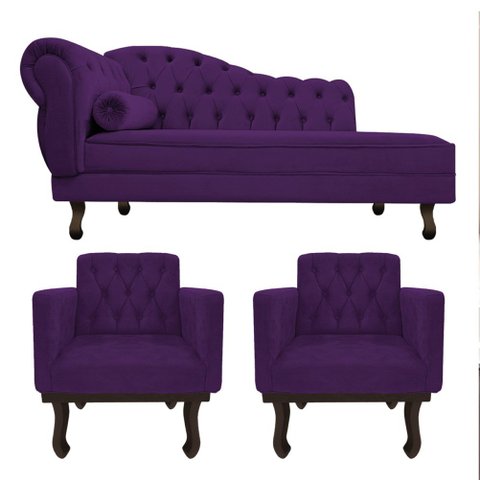 Kit Diva Recamier Juliana 140cm Lado Direito e 02 Poltronas Classic Suede Roxo - Amarena Móveis