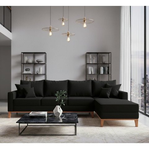 Sofá Beny com Chaise Direita, 2,60x1,40m, 4 Lugares, Linho, Base em Madeira.