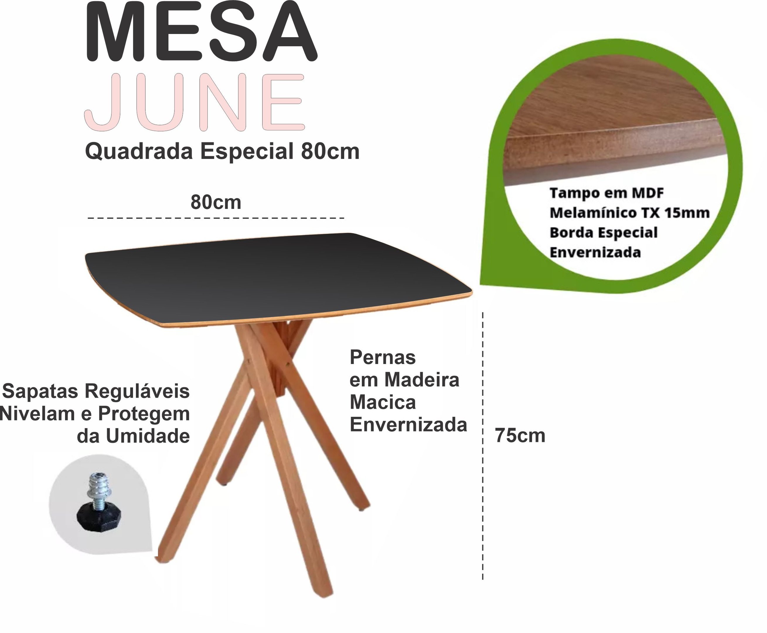 Mesa Quadrada Especial em Madeira de 80cm June na Cor Preta - 3