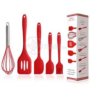 Kit de Cozinha Vermelho 5 Utensílios de Silicone com Peças Batedor Manual Espátulas Pincel Cor:verme