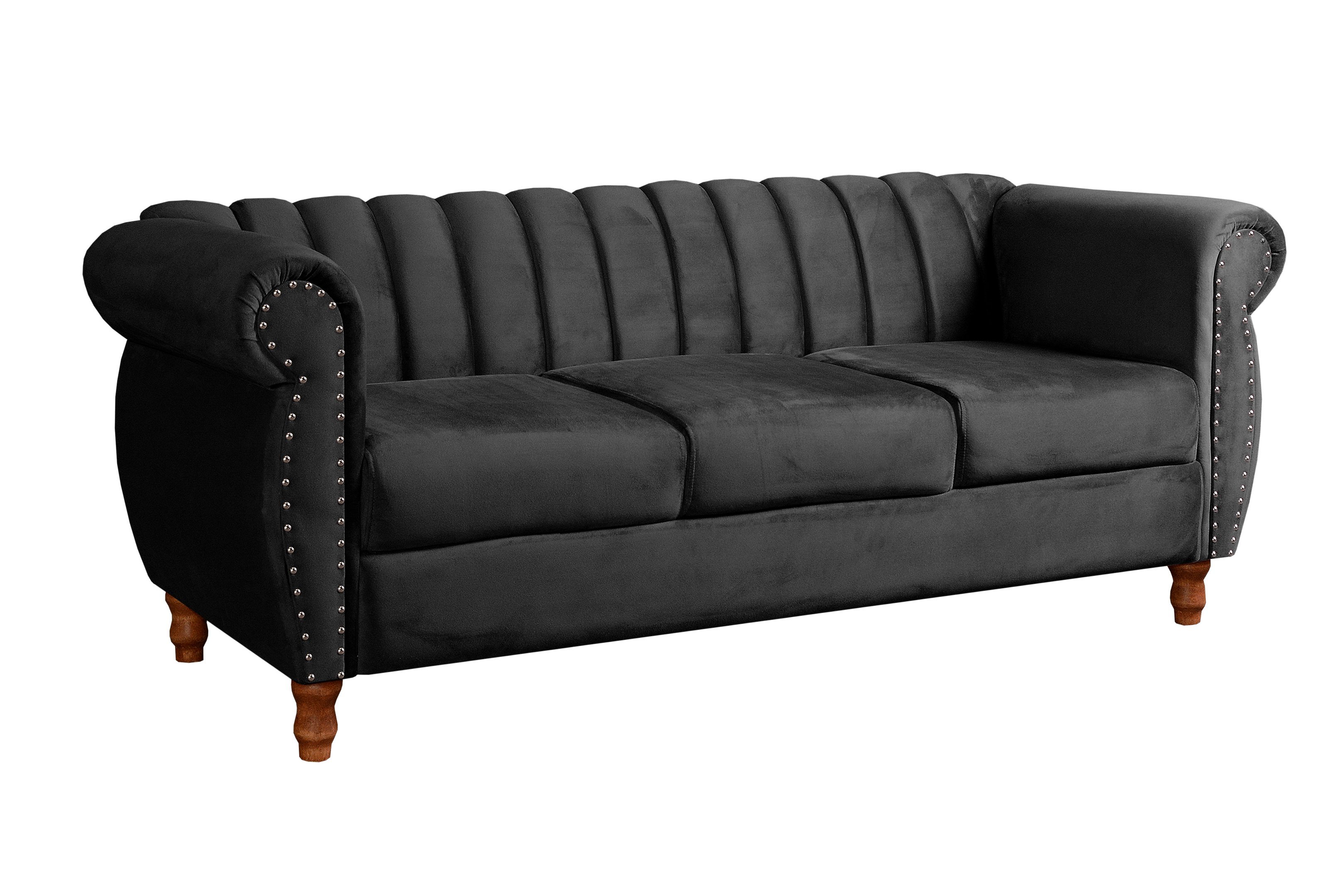 Sofá Chesterfield Realeza 3 Lugares Decoração Retrô - Veludo Preto - 2