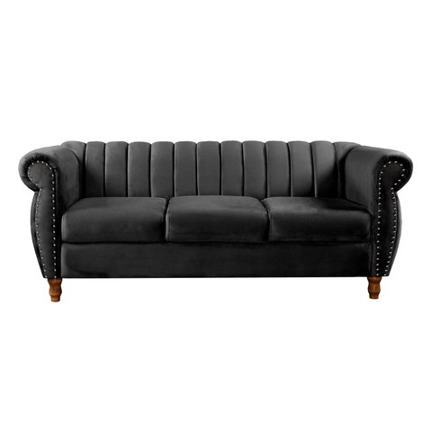 Sofá Chesterfield Realeza 3 Lugares Decoração Retrô - Veludo Preto