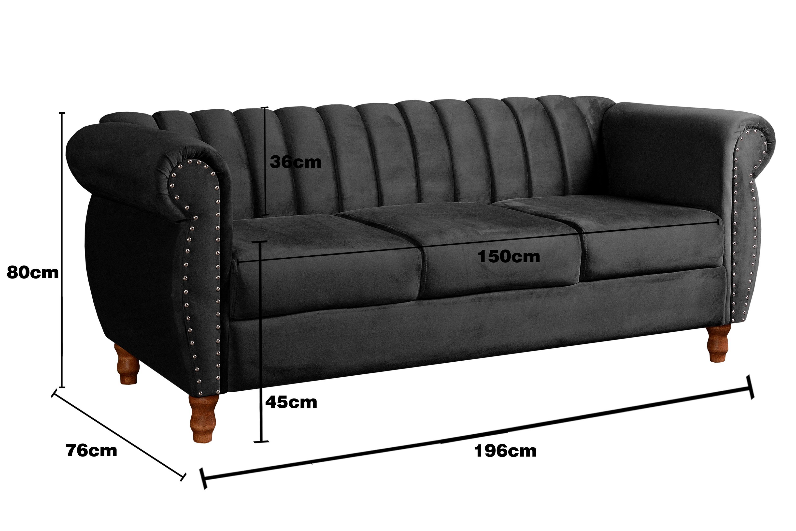 Sofá Chesterfield Realeza 3 Lugares Decoração Retrô - Veludo Preto - 4