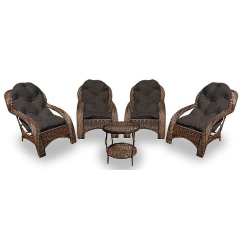 Conjunto de Poltronas Fibra Sintética Espreguiçadeira - 4 Poltronas + 1 Mesa Centro - Tecido Duna Ma